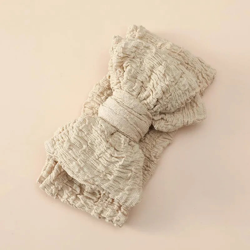 DIY Bowknot Kids Headband – woven cloth, high elastic, plaid pattern, children's hairband in beige