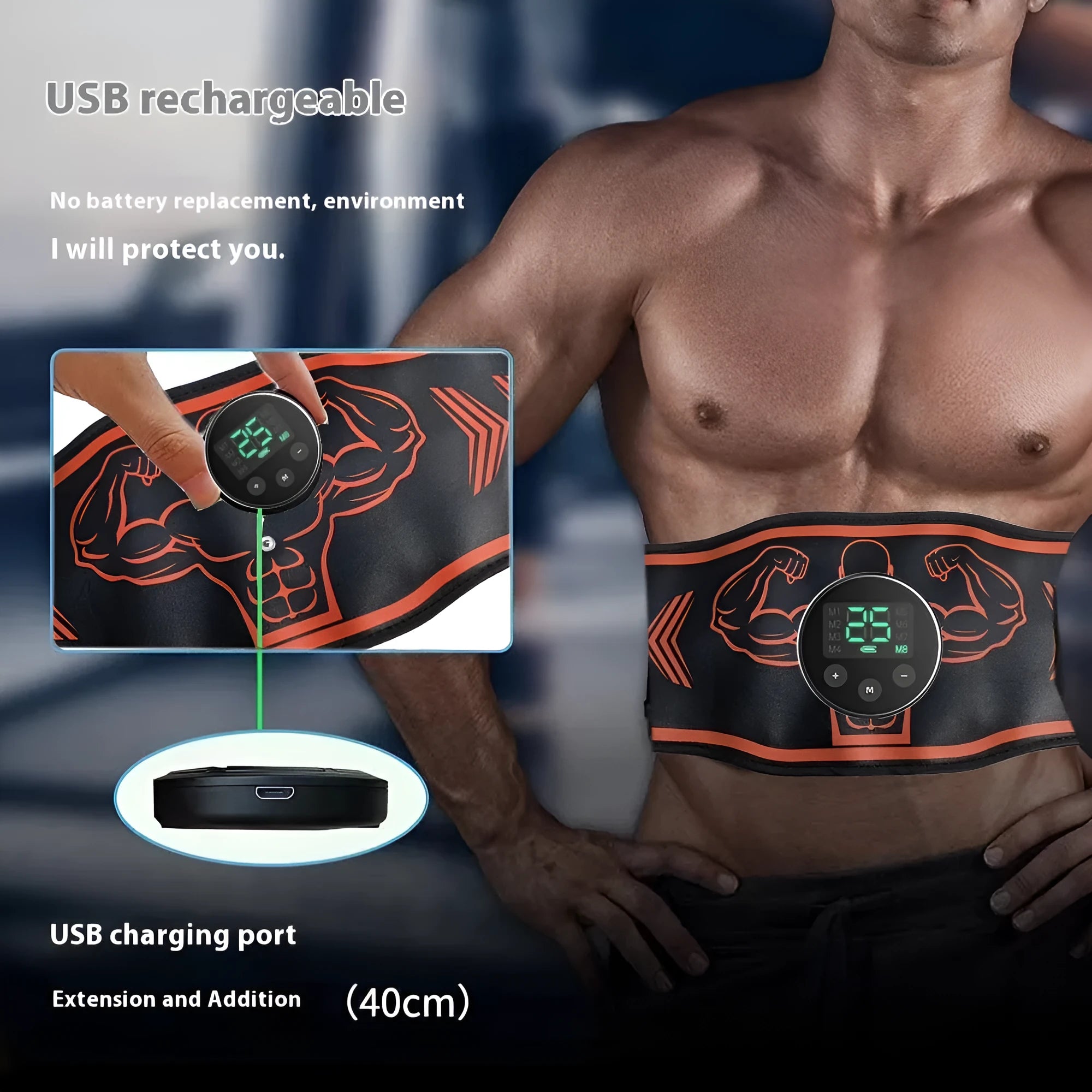 Blue and orange smart EMS massage belt with host unit, main belt, and arm stickers.