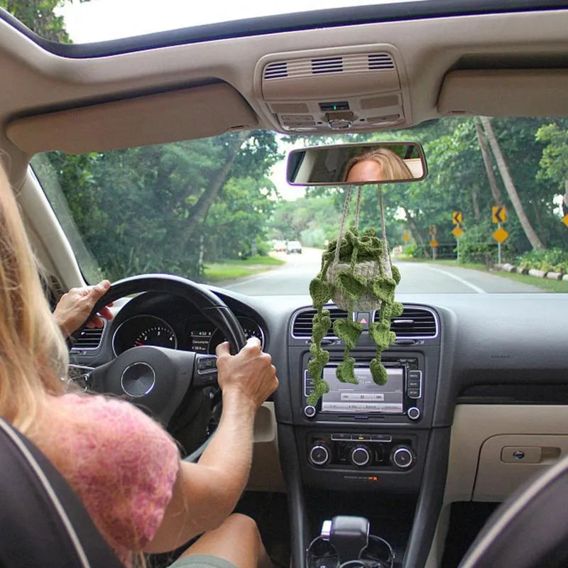 Green and white knitted wool car plant decoration with hanging rope on a car dashboard.