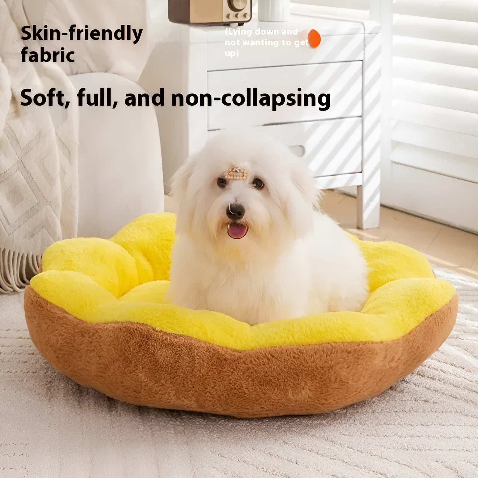 A thick brown grey rabbit plush round pet bed for cats, shown detached for washing.