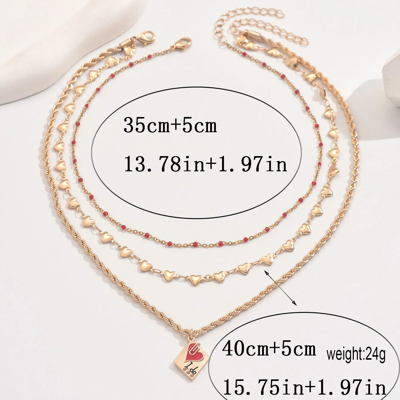 Geometric heart pendant on an adjustable three-layer zinc alloy clavicle chain necklace.