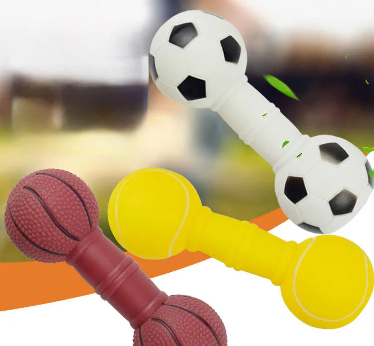 Brown, orange, white and yellow football dumbbell shaped squeaky dog chew toy.