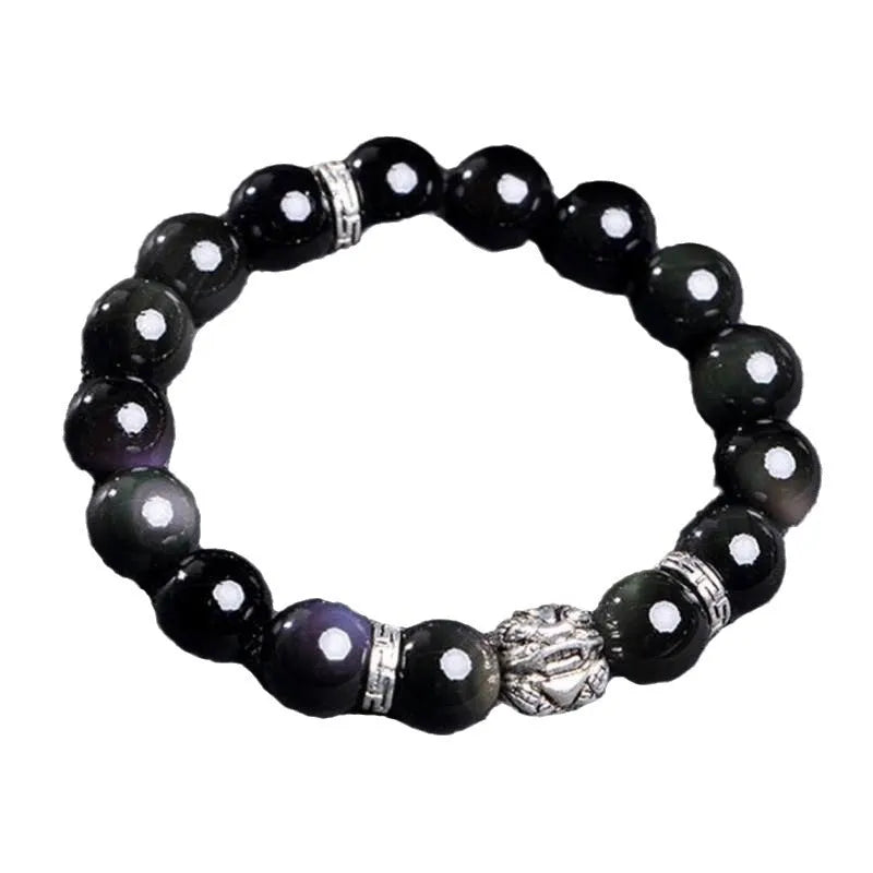 Obsidian bead bracelet with natural cloud patterns and a 999 silver clasp.