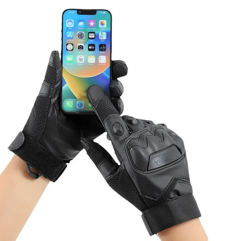 Men's black full finger tactical gloves with breathable fabric and touchscreen capable fingertips.