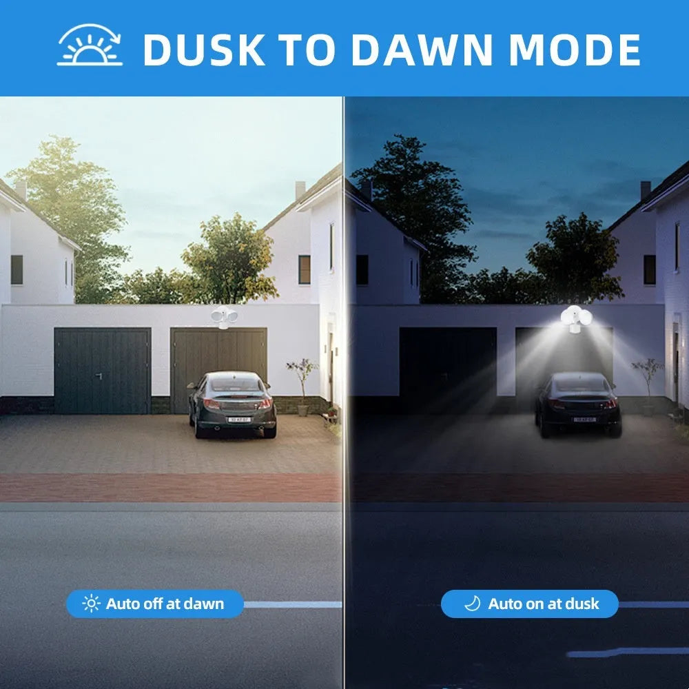 White LED security flood light with PIR motion sensor mounted on an outdoor wall.