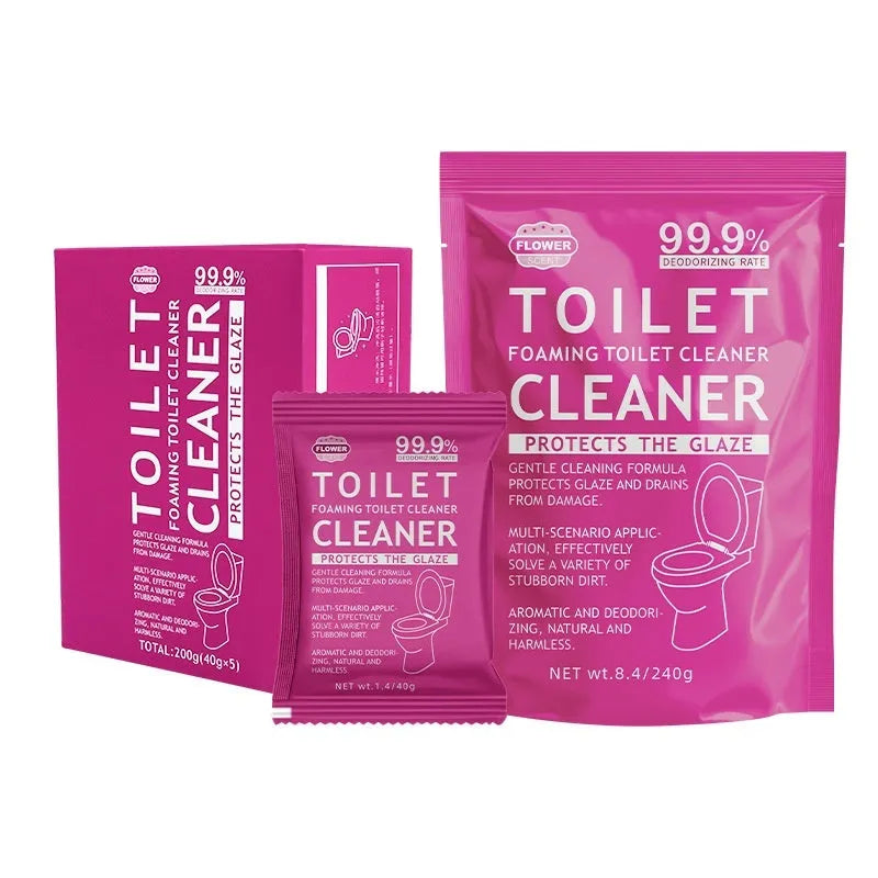 Box and bag of toilet bubble cleaning powder in blue and pink fragrance options.