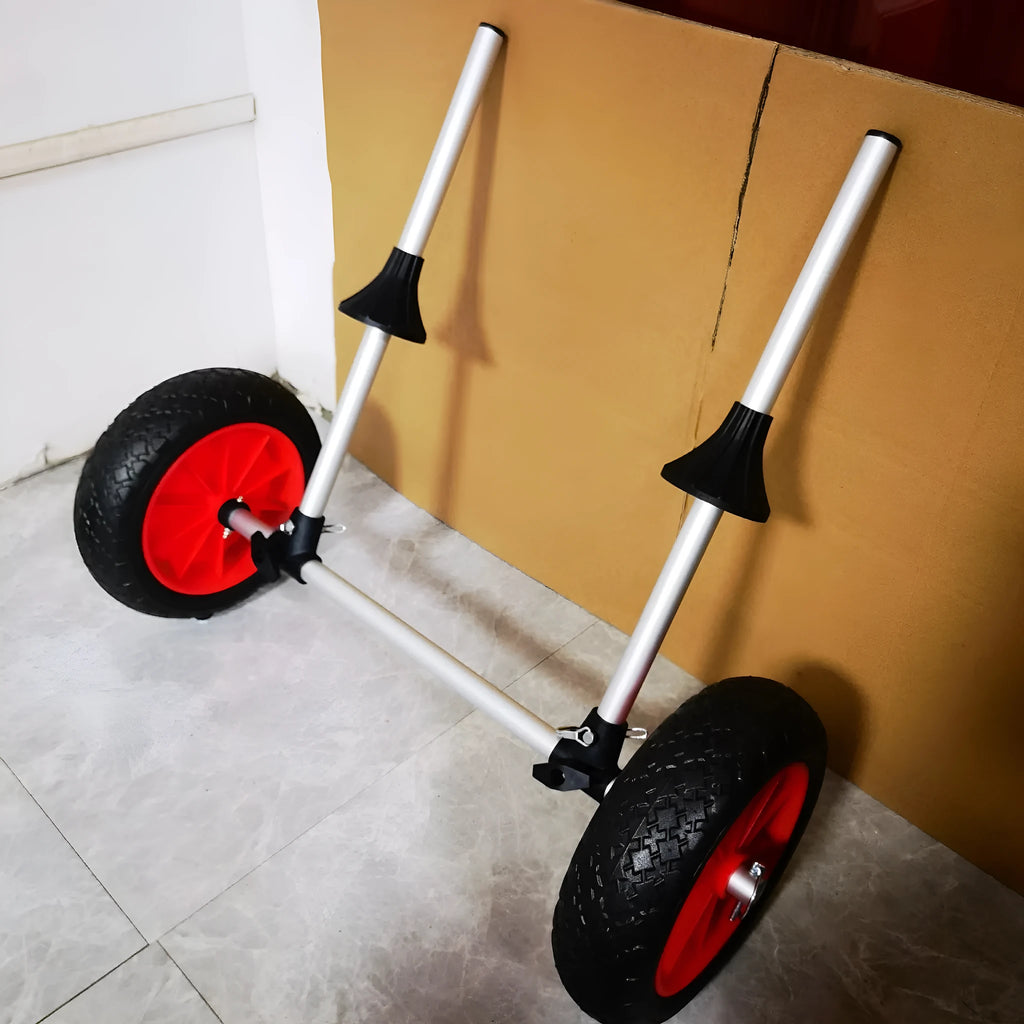 Foldable aluminium kayak beach trailer cart with rubber wheels and upright pole.