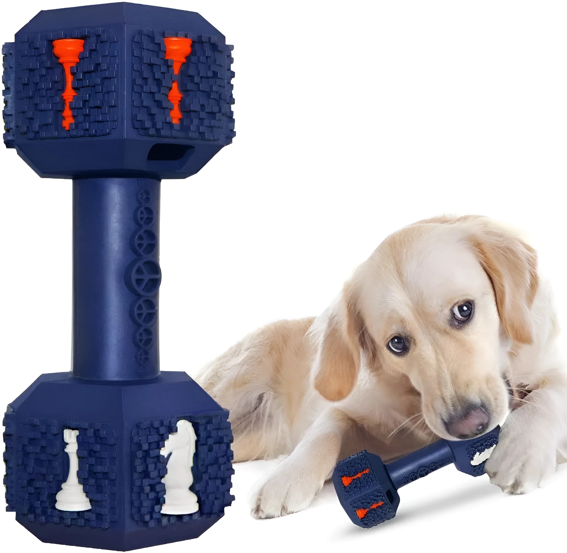 Durable black and blue rubber dumbbell dog chew toy for aggressive chewers on a white background.