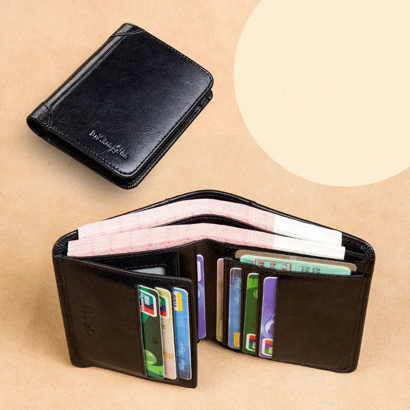 Men's compact leather wallet open showing card slots, change pouch, photo slot, and dark privacy compartment.