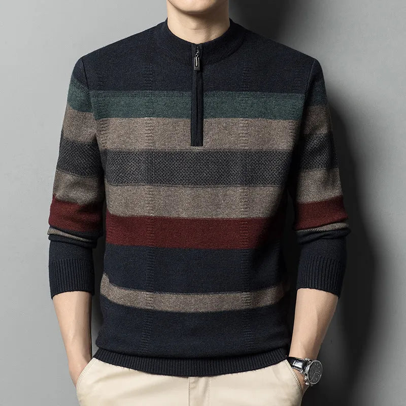 Men's contrasting striped pure wool knitted sweater in dark gray, slim fit pullover style, long sleeves