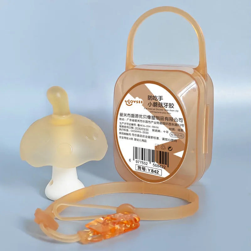 Small mushroom-shaped chewing gum in pink or nano colour with transparent box and optional chain.