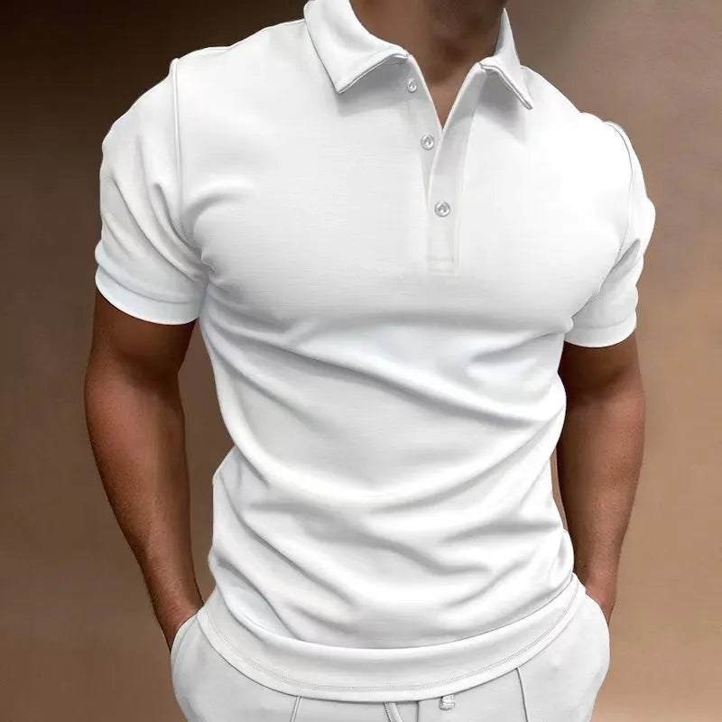 Men's grey cotton blend button t-shirt with short sleeves and a loose fit on a hanger.