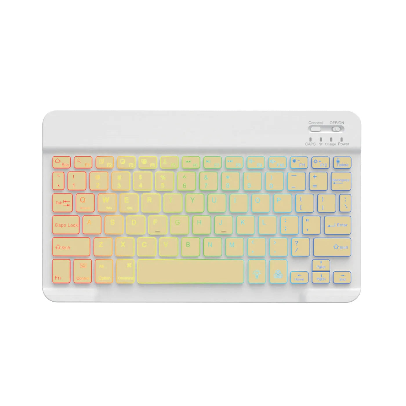 A 10-inch black Bluetooth keyboard with multi-colour LED backlit keys on a desk next to a tablet.