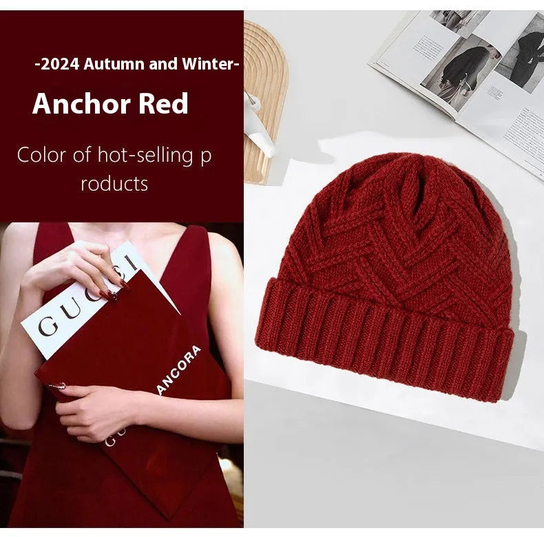 Wool knitted dome crown winter hat for women in six colour options showing totem detailing