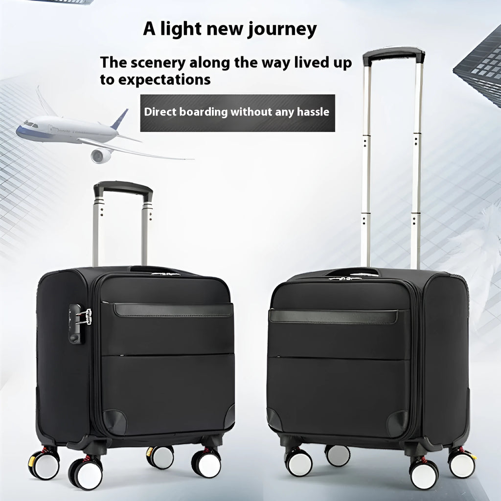Black 18 inch Oxford cloth carry-on suitcase with retractable handle and universal wheels