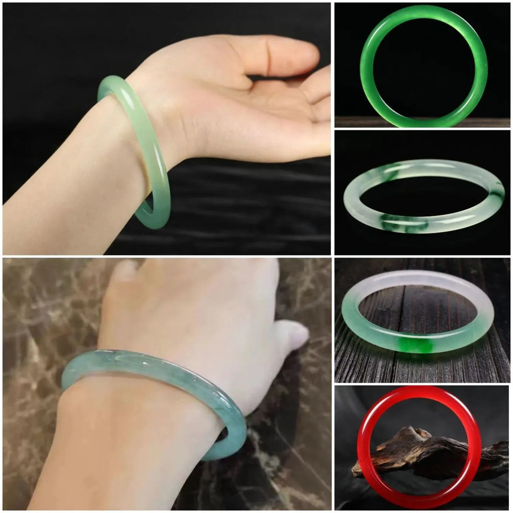 Jade bracelet with carved floating flower and auspicious cloud pattern in emerald green.