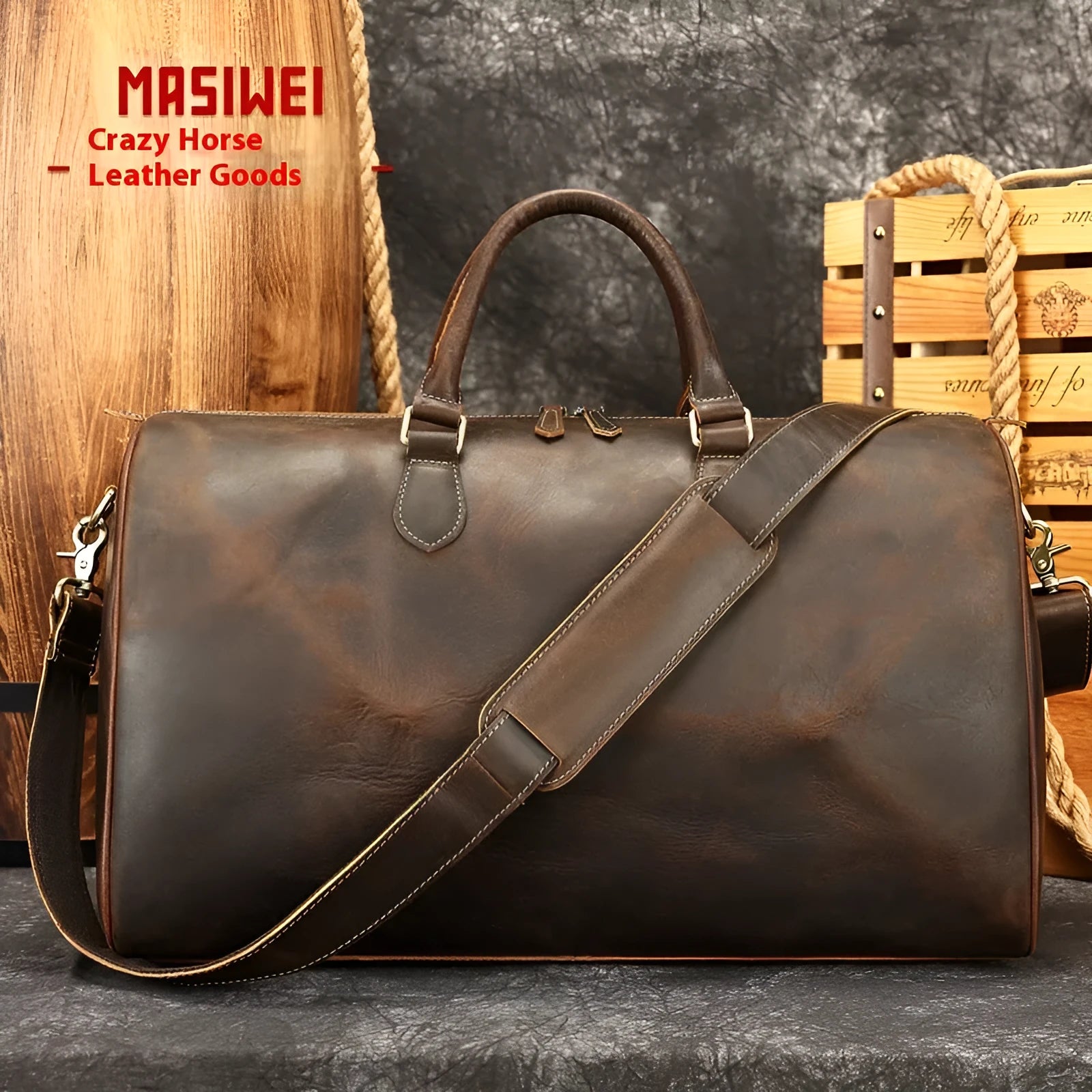 Men's vintage brown leather large crossbody bag with polyester cotton lining.