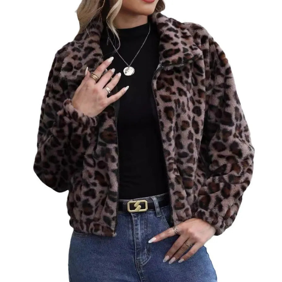 Women's loose fit leopard print plush coat with front zip and raglan sleeves