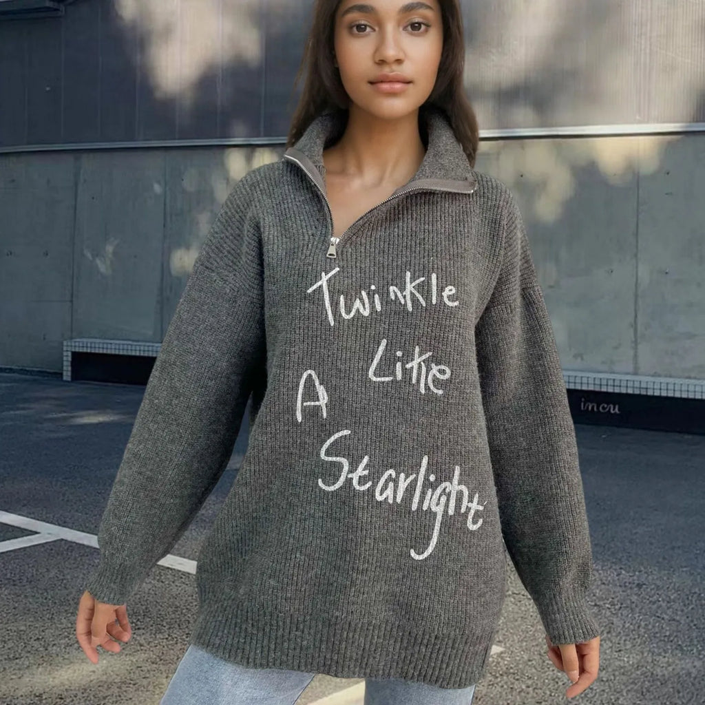 Women's grey alpaca fleece sweater with oblique front zipper and loose lapels