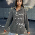 Women's grey alpaca fleece sweater with oblique front zipper and loose lapels