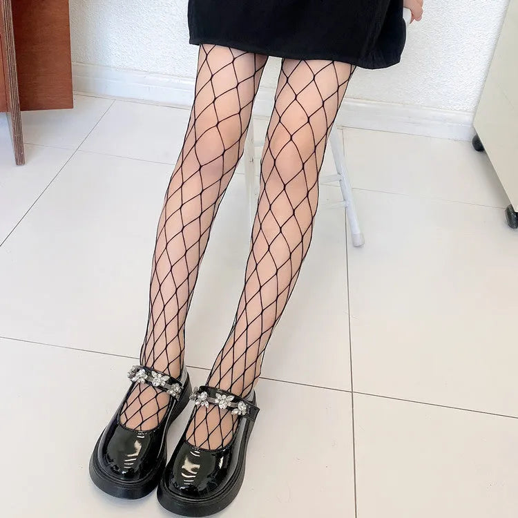 Sheer mesh pantyhose for women showing large, medium and small net patterns in black and white