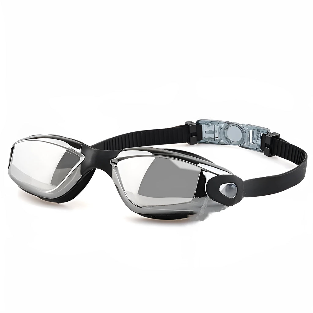 Swimming goggles with polycarbonate lenses and silicone earplugs in black silver plated finish
