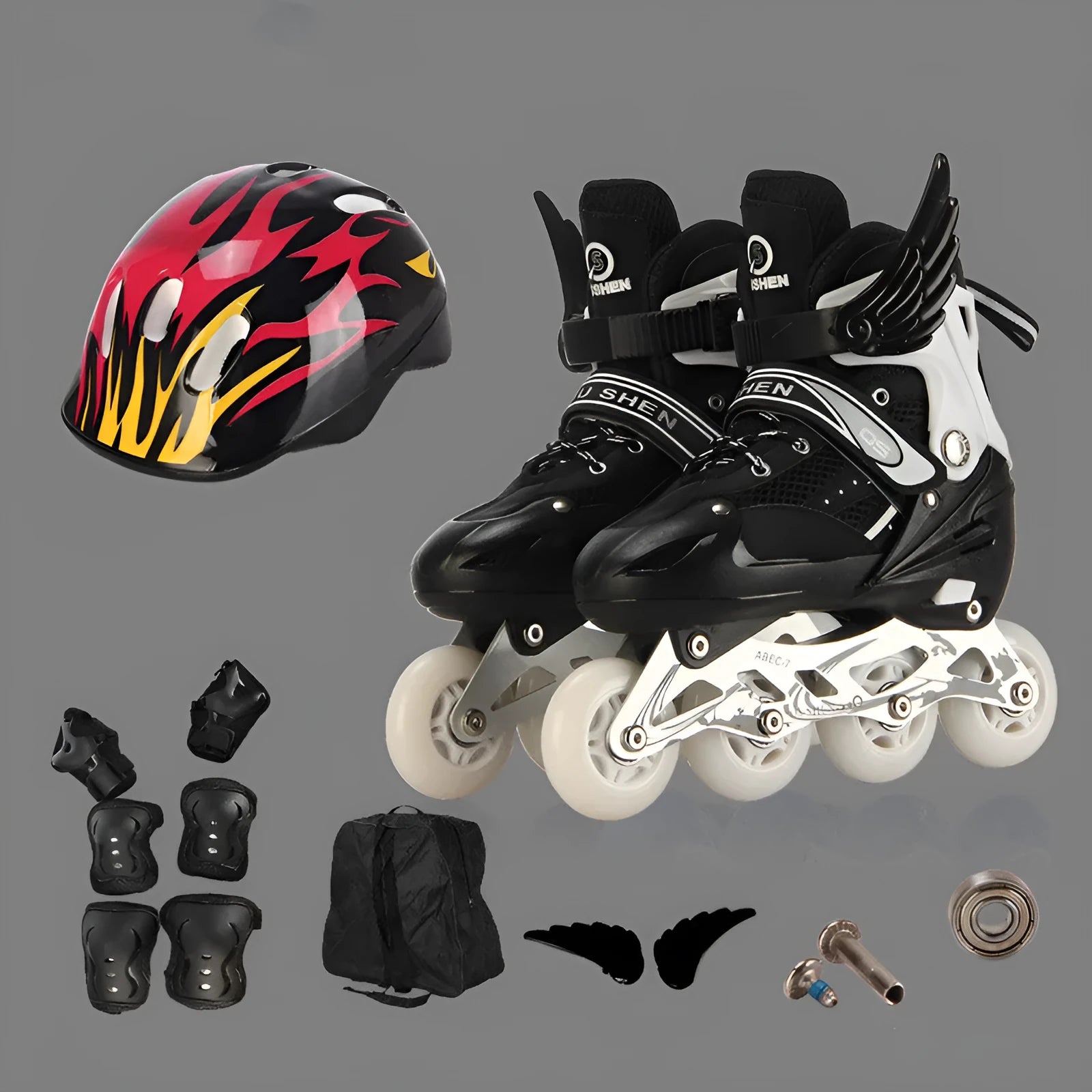 Colourful adjustable children's roller skates with aluminium frame, PU foam wheels, and full set of protective gear.