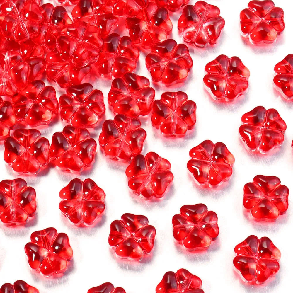 50 glass four-leaf clover beads in assorted colours with coloured glaze finish and 10mm straight hole design.