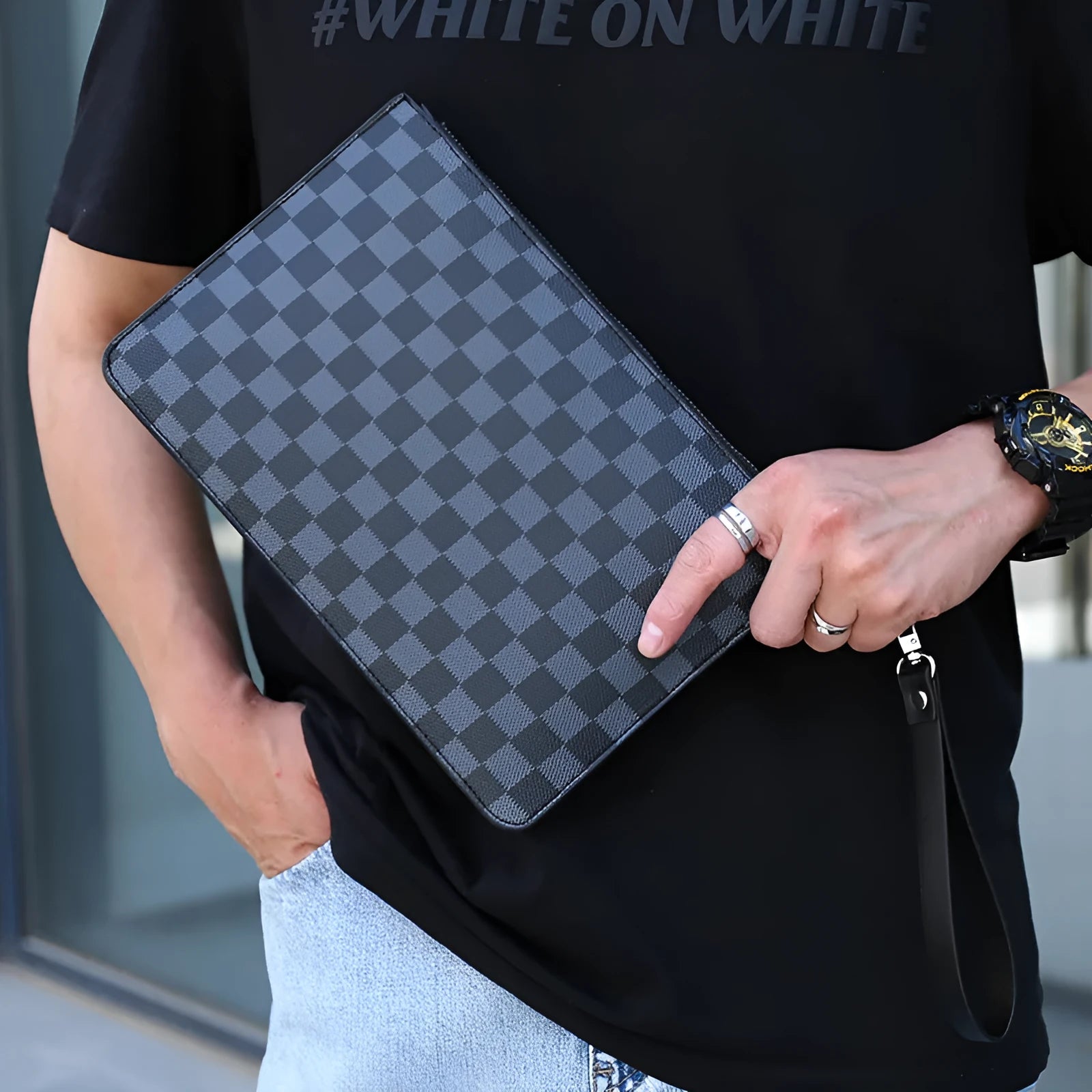 Men's soft PU leather clutch wallet showing card slots and zipper pocket in checkered pattern