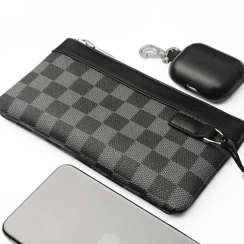 Men's black leather plaid clutch wallet showing front view with 20 x 10 cm dimensions