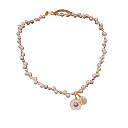 Golden-white real gold electroplated necklace with round zircon pearl pendant on clavicle chain