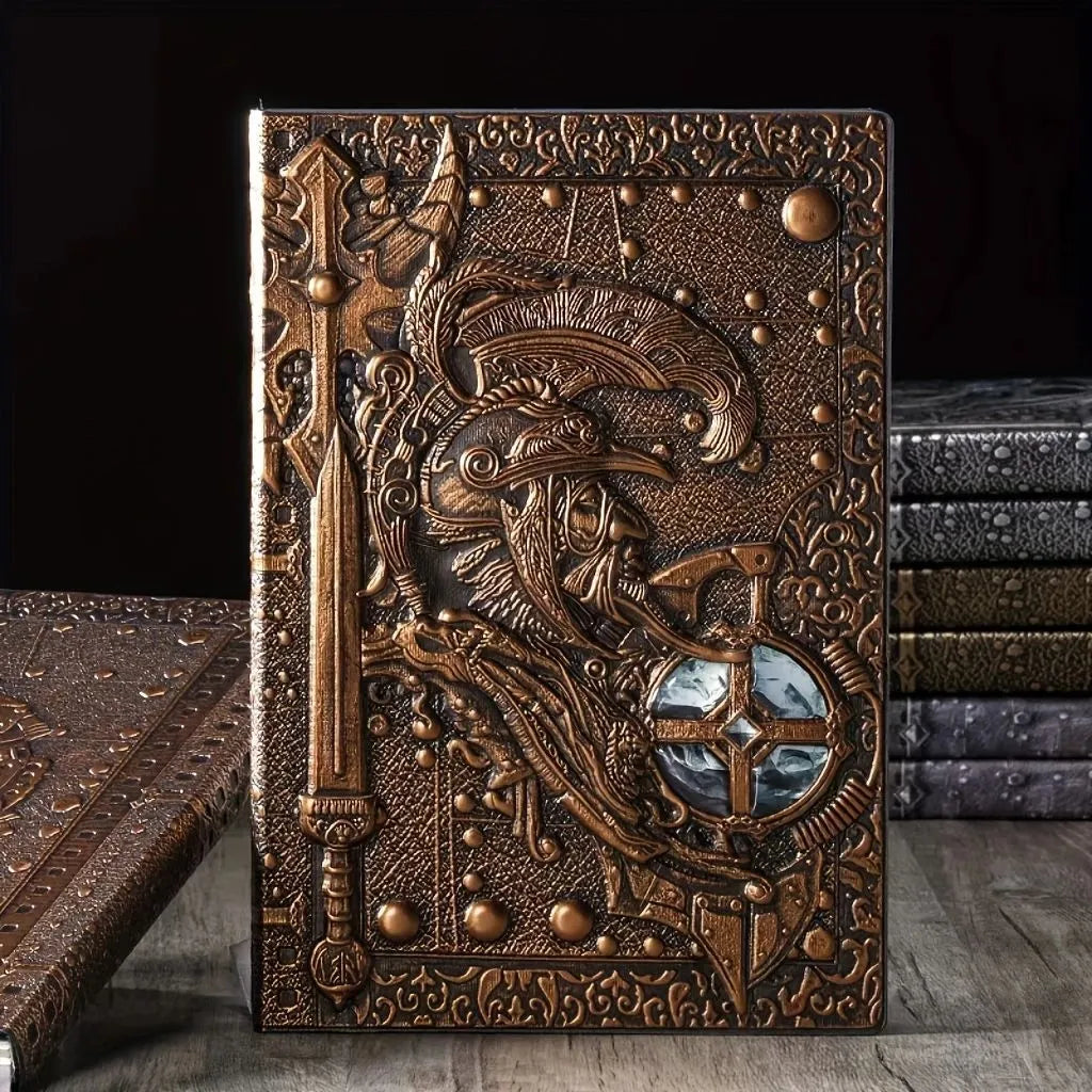 A5 leather notebook with 3D warriors relief embossing on cover showing bronze colour option