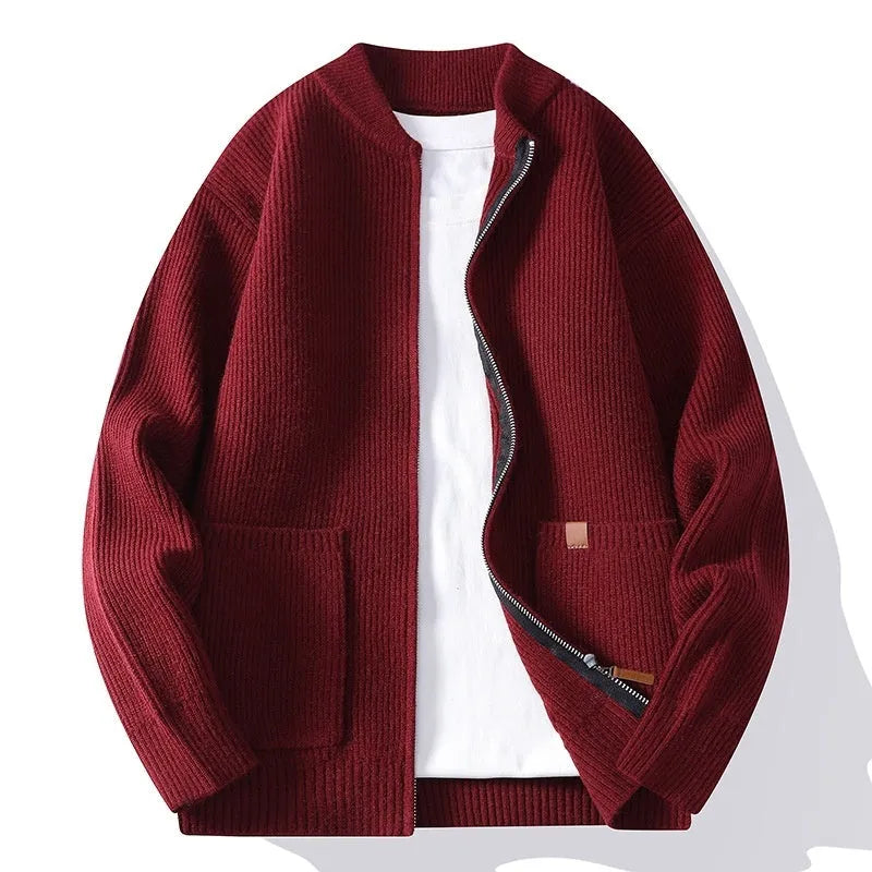Men's striped cardigan jacket in polyvinyl alcohol fiber blend available in five colours with straight cut silhouette