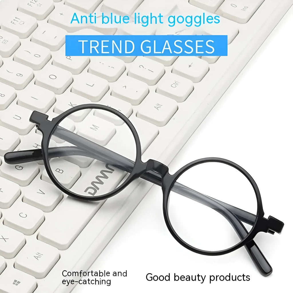 Artistic retro round glasses flat mirror in bright black, sand black, tofu pudding frame, and transparent grey colours