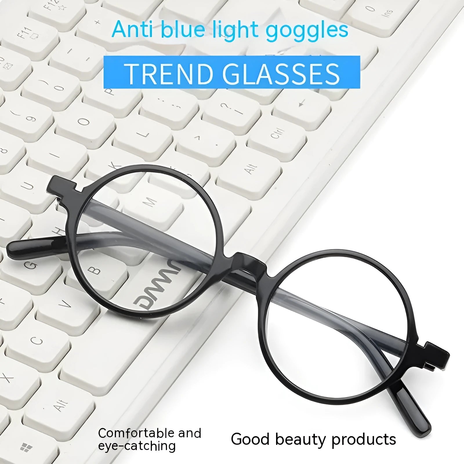 Artistic retro round glasses flat mirror in bright black, sand black, tofu pudding frame, and transparent grey colours