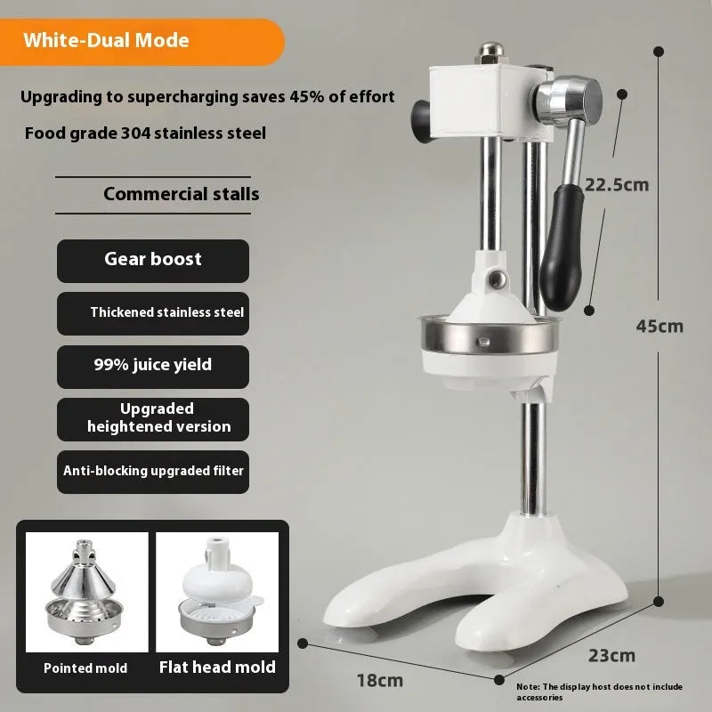 Vertical stainless steel manual juicer showing colour options and tip style variations