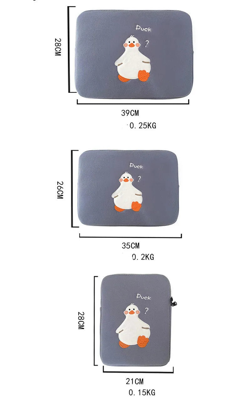 Blue cotton tablet case with embroidered cartoon duck design, zipper closed.