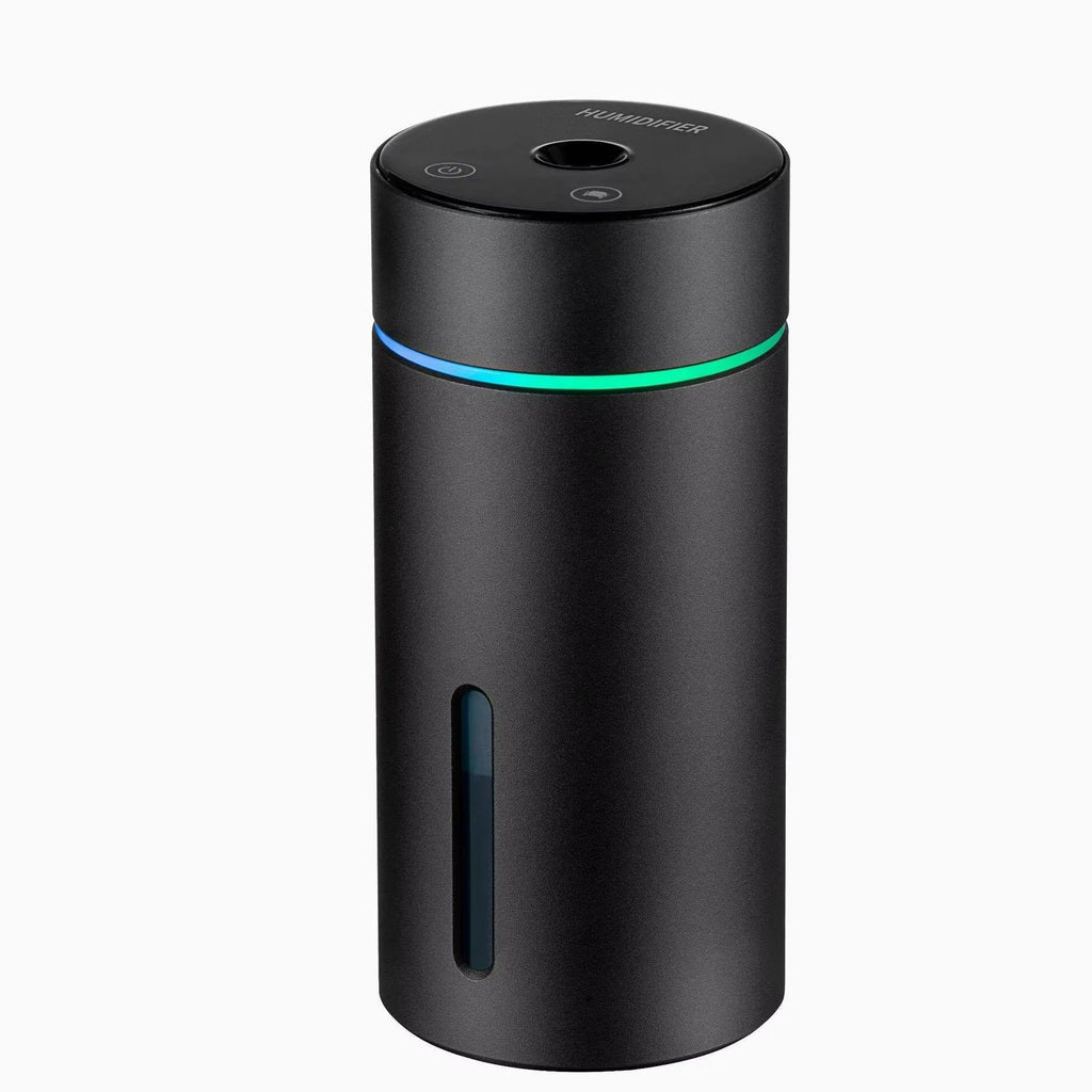 Aluminium portable car humidifier and essential oil diffuser with night light on a black USB cable.