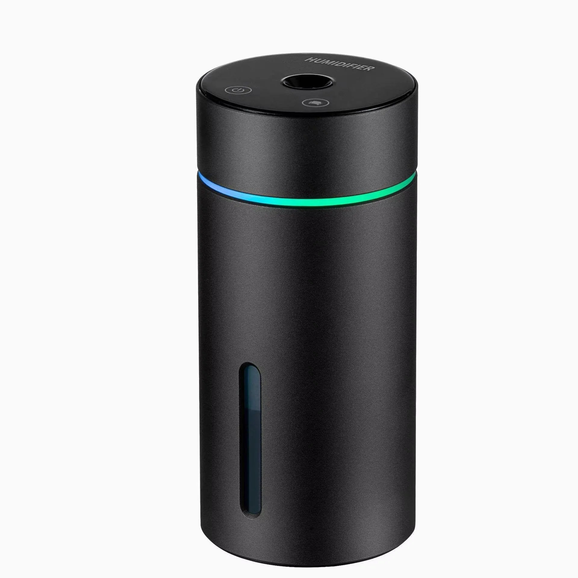Aluminium portable car humidifier and essential oil diffuser with night light on a black USB cable.