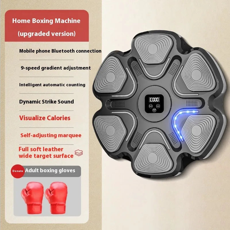 Smart music boxing machine wall target with electronic lights and focus gloves for home training.