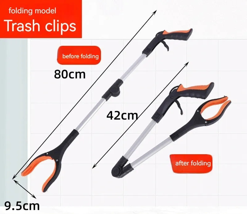 Silver folding aluminium garbage pick-up clamp with magnet and blue handle extended to 80cm.