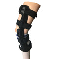 Black anterior ligament knee support brace shown on a knee, with side-specific sizing for left or right.