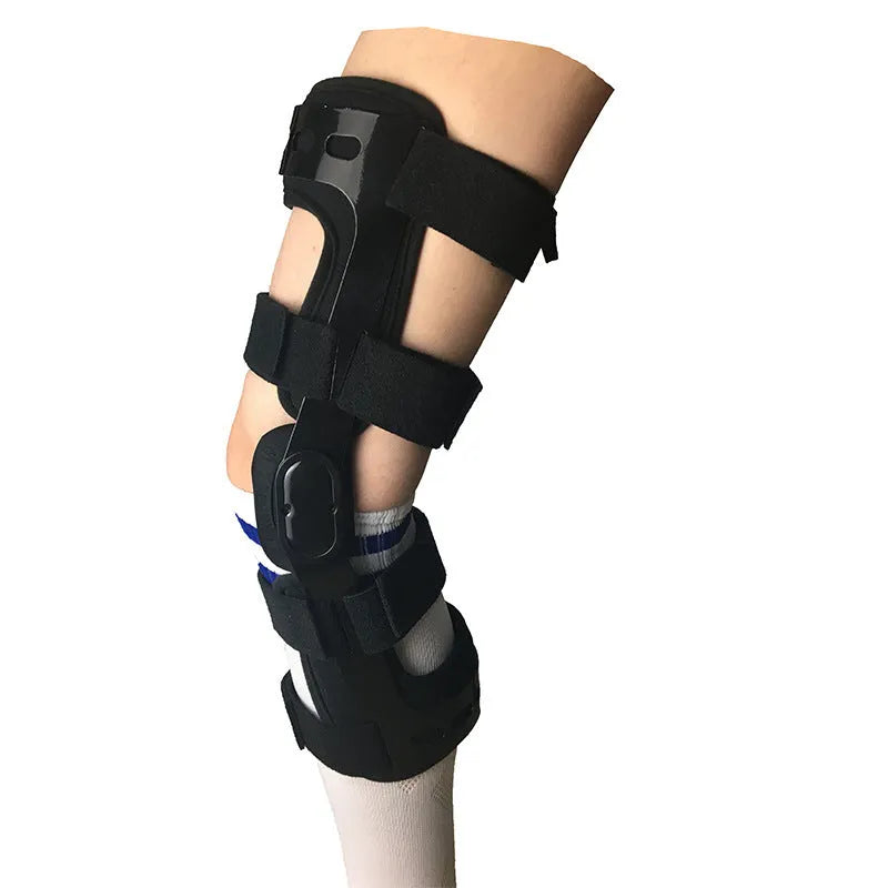 Black anterior ligament knee support brace shown on a knee, with side-specific sizing for left or right.