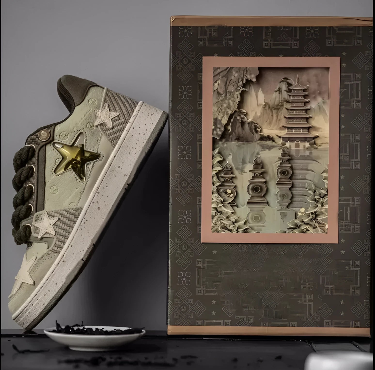 Green casual shoes with star pattern, mesh lining, and rubber sole on white background