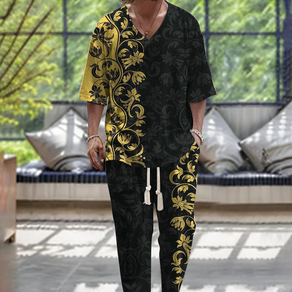 Two-piece trousers suit with V-neck cropped sleeve jacket in thin polyester fabric