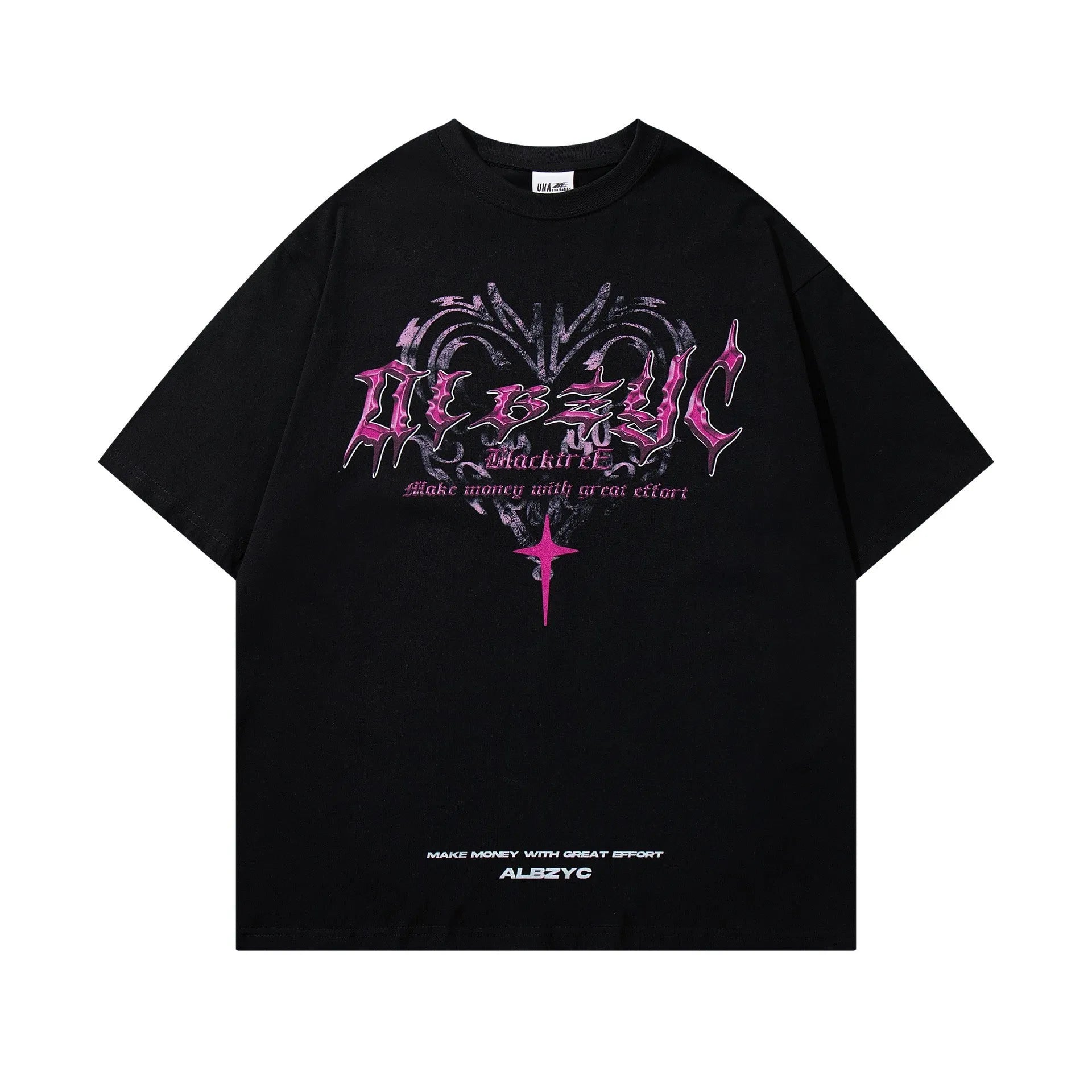 Men's black cotton t-shirt with retro printed design showing front view with short sleeves and loose fit