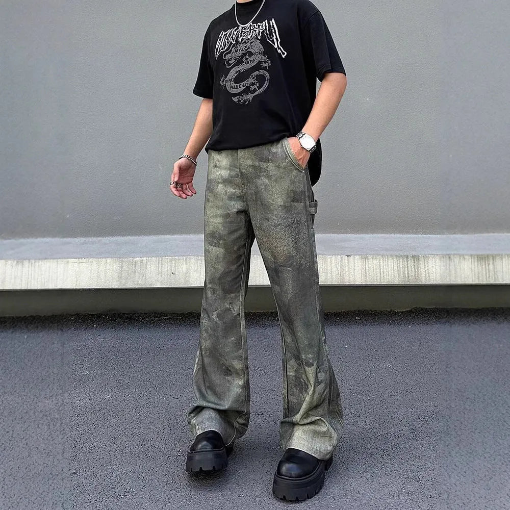 Men's straight leg jeans with a retro digital camouflage print on blue denim.