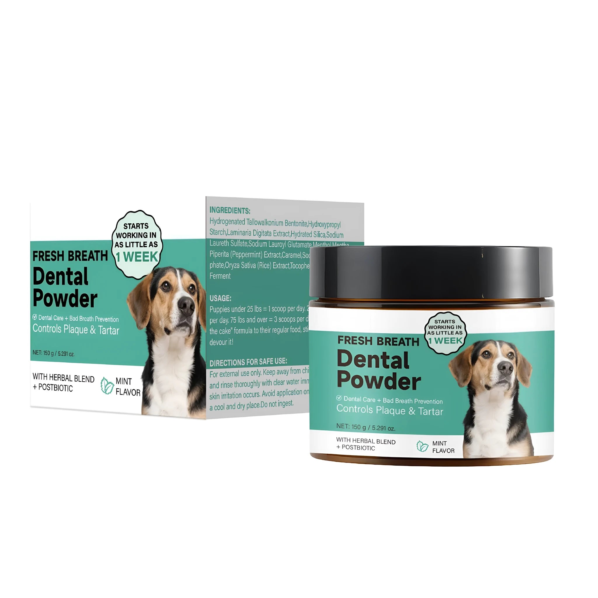 150g container of mint dog teeth cleaning powder for plaque control and fresh breath