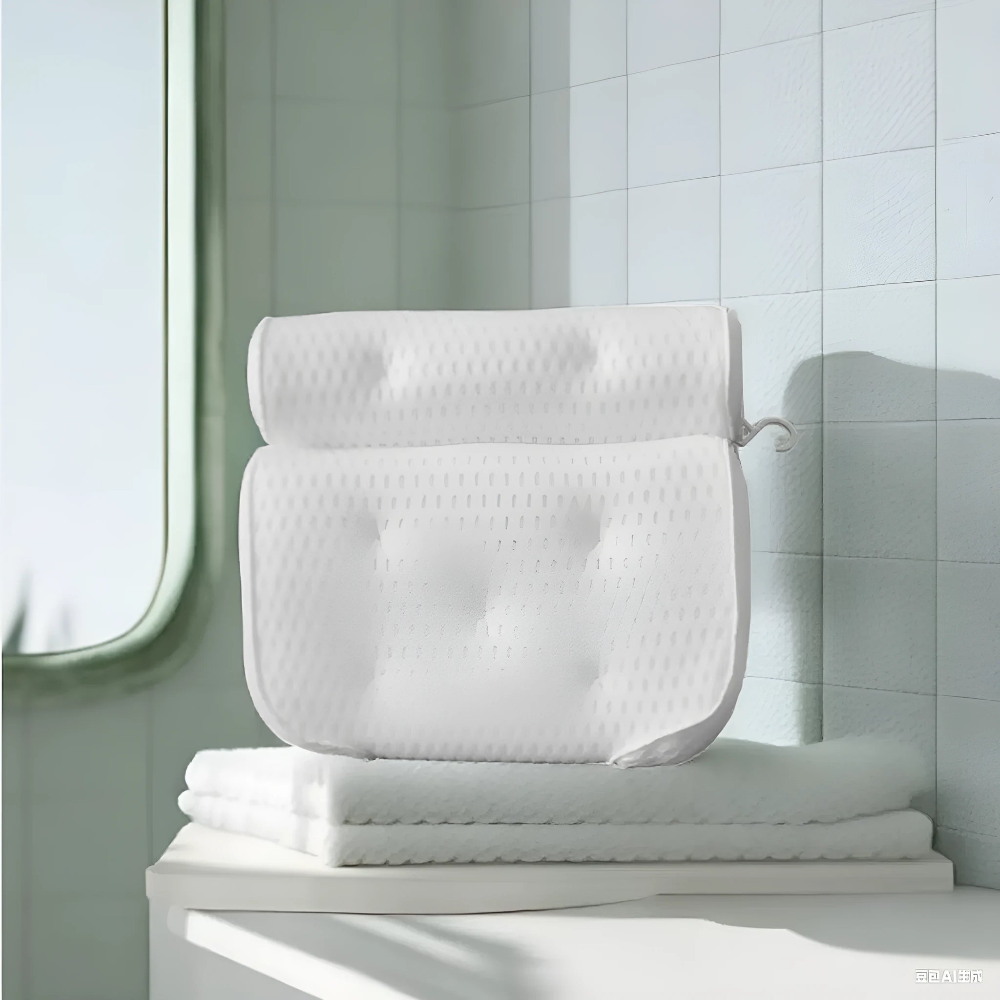 White bathtub pillow with 4D mesh fabric and seven large suction cups on a flat surface.