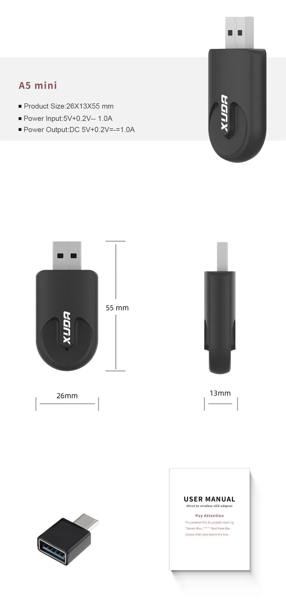 Black USB wireless CarPlay adapter with compact dimensions for vehicle dashboard installation